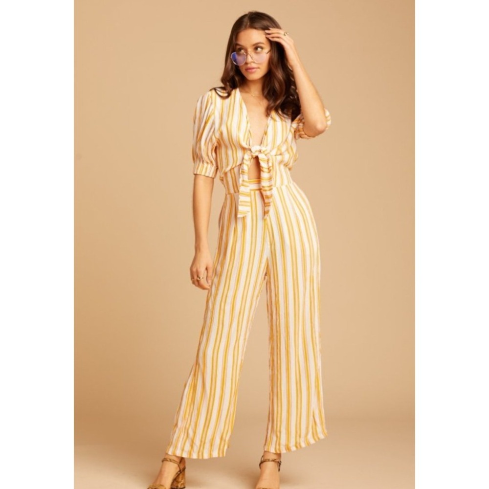 Faithfull‎ The Brand Azure Matese Jumpsuit Womens 2 Yellow Striped Boho Summer
